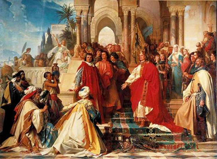 Federico II riceve gli ambasciatori del Sultano al-Malik al-Kamil.