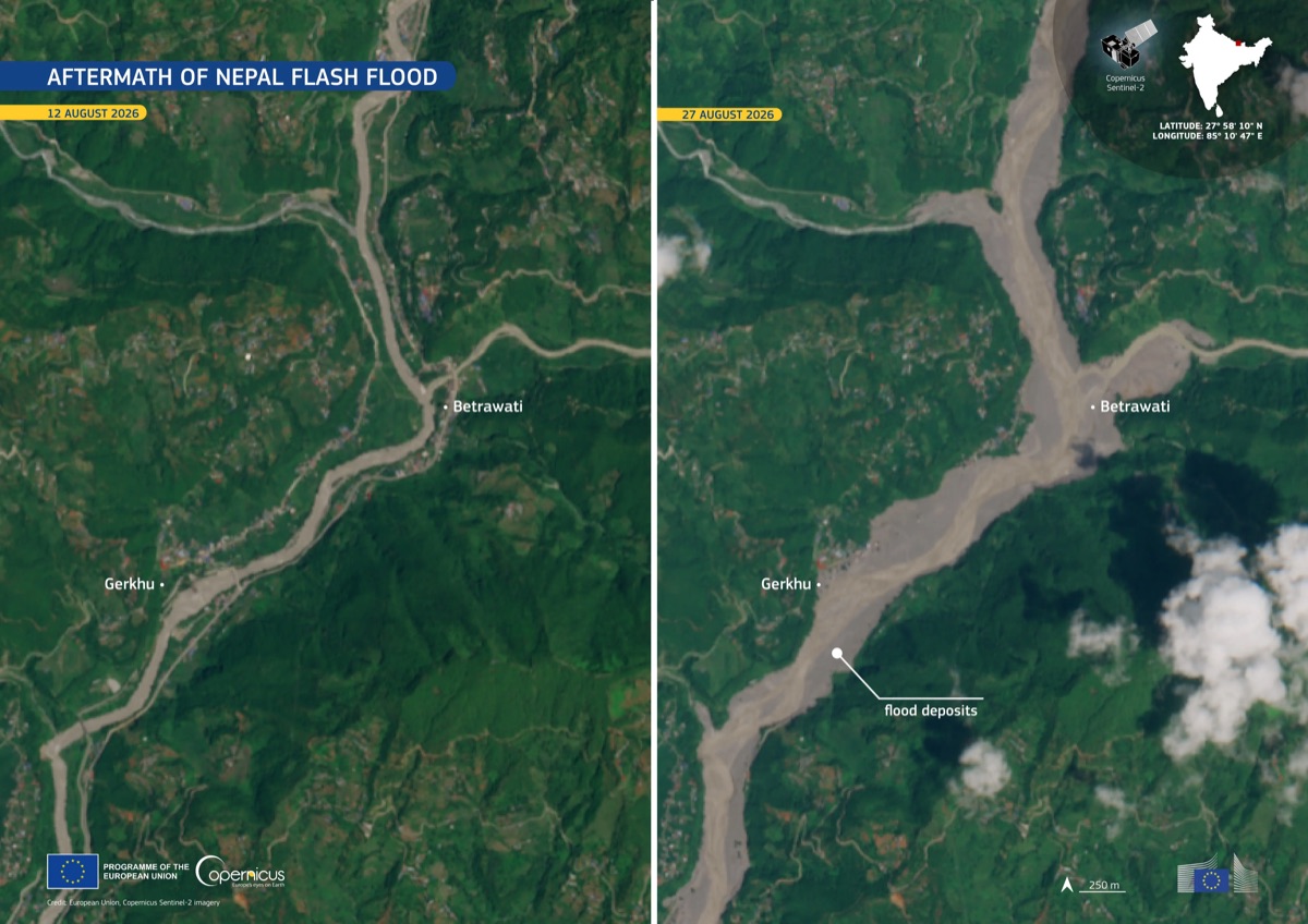 Alluvione Nepal Tibet 2026: confronto satellitare Sentinel-2 del fiume Trishuli a Betrawati prima e dopo la piena