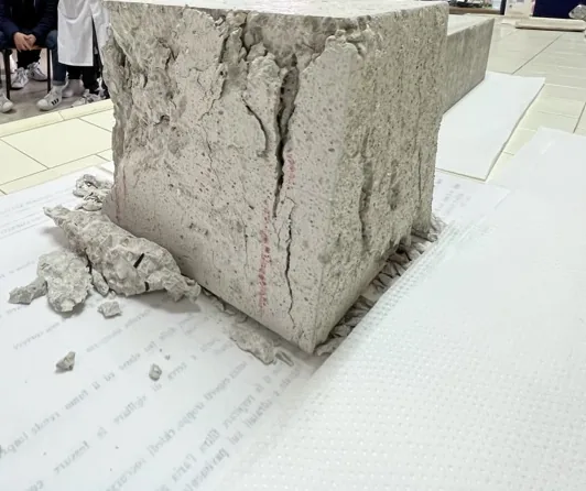 Provino di calcestruzzo portato a rottura nella prova a compressione